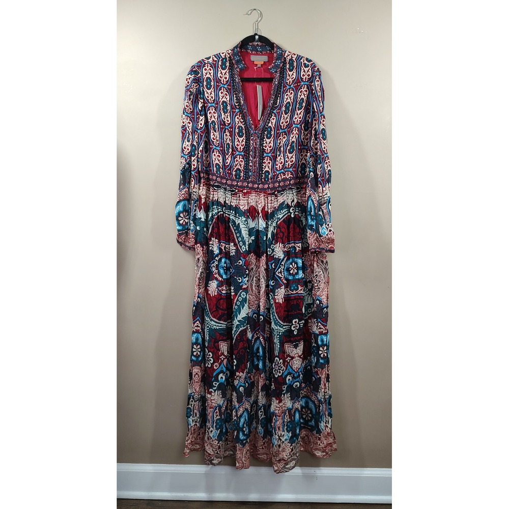 Bhanuni by Jyoti Anthropologie Beaded Boho Maxi Dress Red Blue 16W NWT